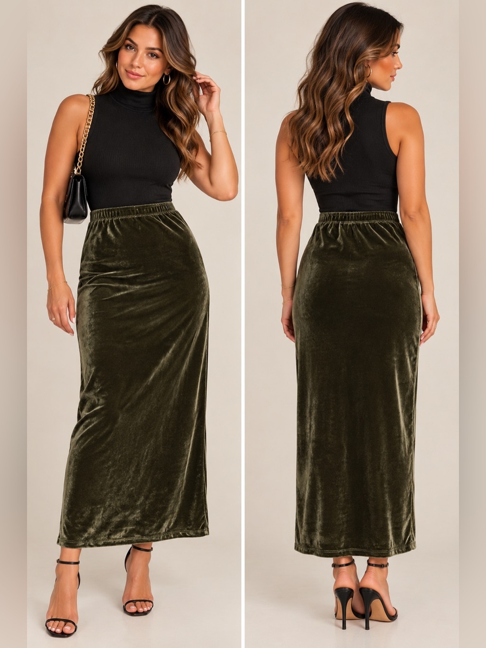 Velvet Olive Green Maxi Skirt - Elastic Waist